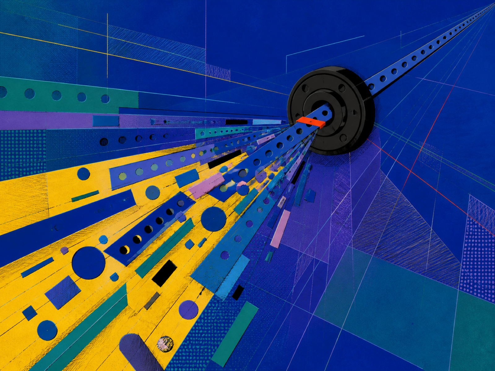 Printed fragments converge from the lower left into a black junction and resolve as one cobalt path receding toward the upper right.